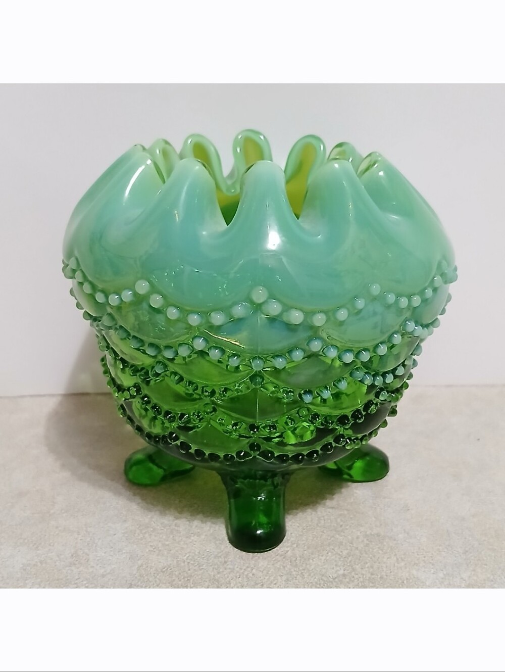 Vintage Antique Northwood Glass Opalescent Green Beaded Drape Footed Rose Bowl